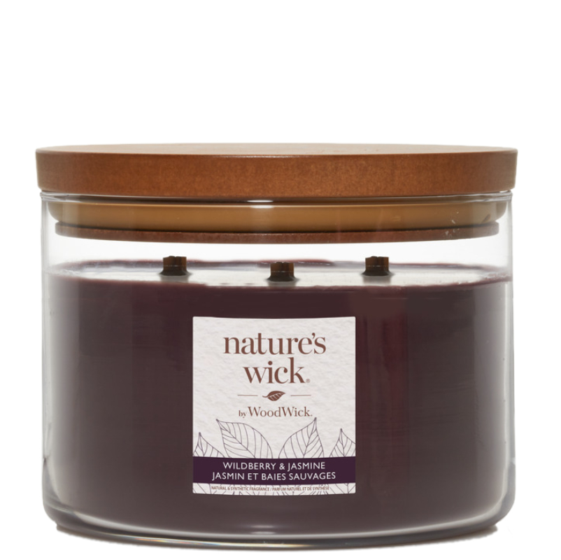 Woodwick Natures Wick Candela in Vetro con 3 Stoppini in Legno Wildberry & Jasmine